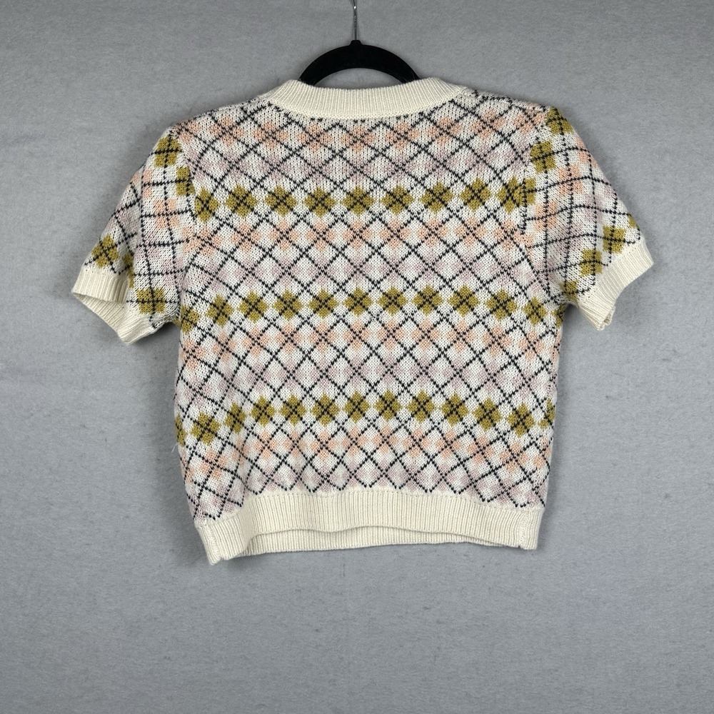 Willow + Root Argyle Short‎ Sleeve Shrunken Sweater Top Cream Pink Yellow Large